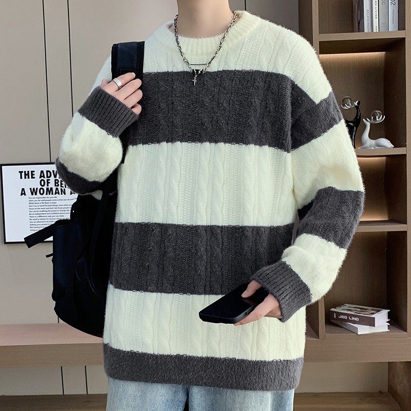 水貂绒条纹麻花毛衣男士秋冬季2025新款针织打底衫宽松保暖毛线衣,淘宝优惠券,粉丝福利购,淘宝优惠卷