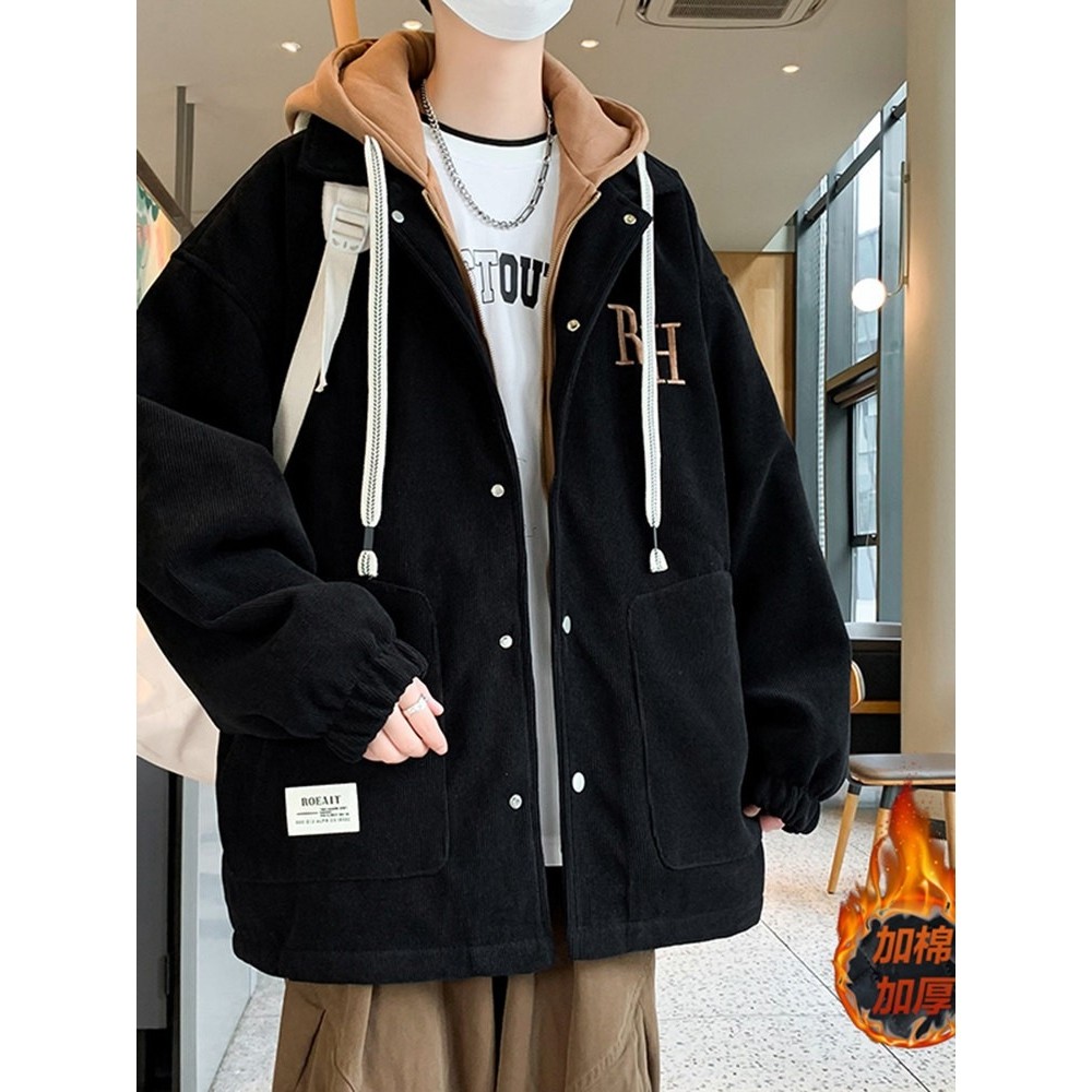 假两件连帽外套男棉衣男士2025秋冬季港风灯芯绒夹棉痞帅二棉加棉,淘宝优惠券,粉丝福利购,淘宝优惠卷