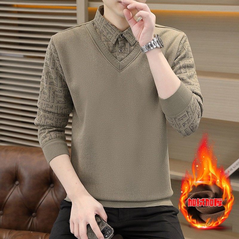 秋冬季假两件衬衫领毛衣男士内搭针织打底衫加绒加厚带领保暖线衣,淘宝优惠券,粉丝福利购,淘宝优惠卷