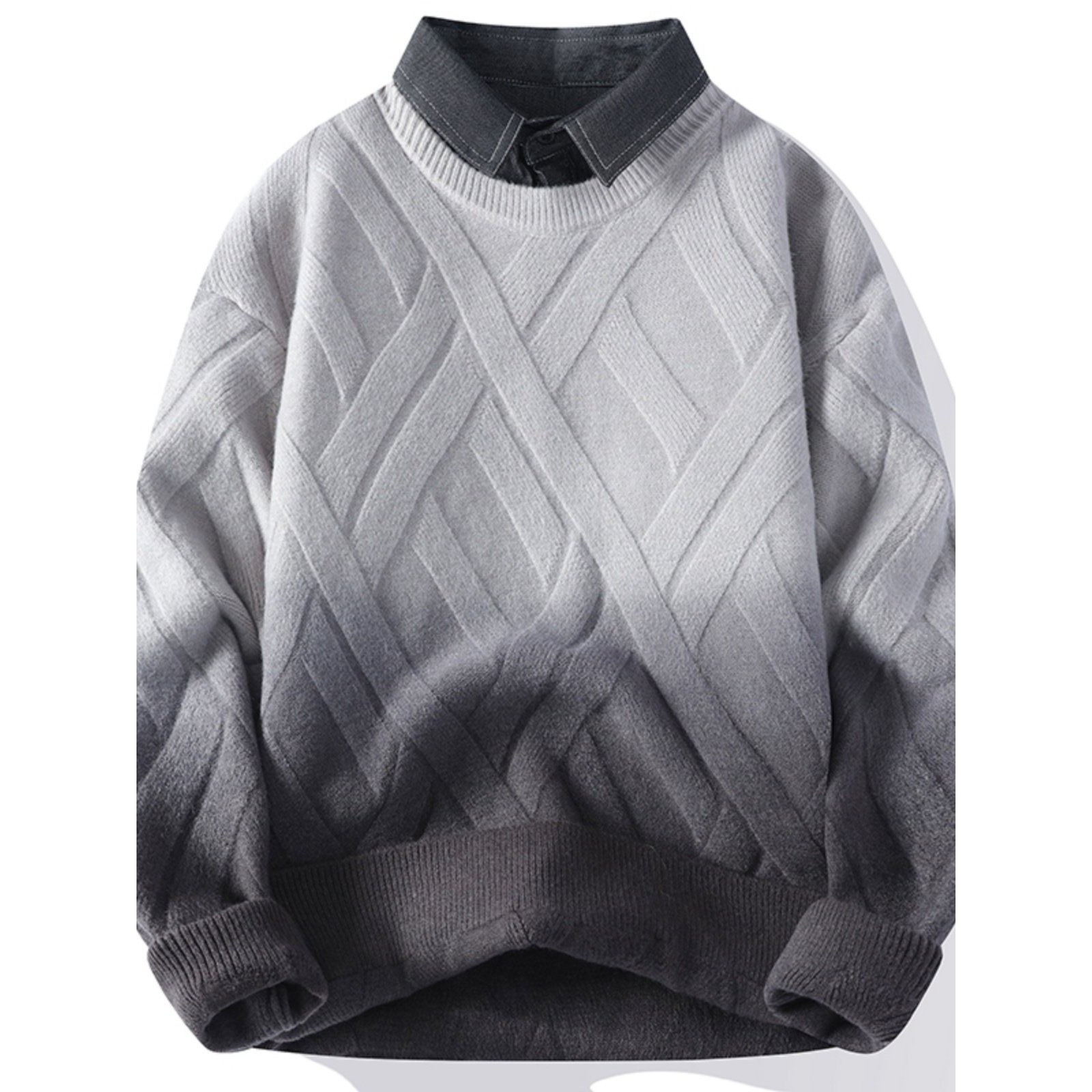 假两件毛衣男秋冬季2025新款衬衫领渐变色男士加绒加厚打底针织衫,淘宝优惠券,粉丝福利购,淘宝优惠卷