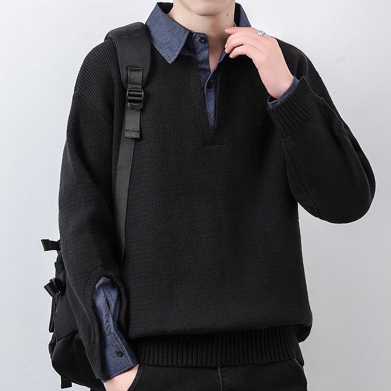 设计师款假两件毛衣男冬季2024新款衬衫领针织衫男士加厚保暖线衣,淘宝优惠券,粉丝福利购,淘宝优惠卷