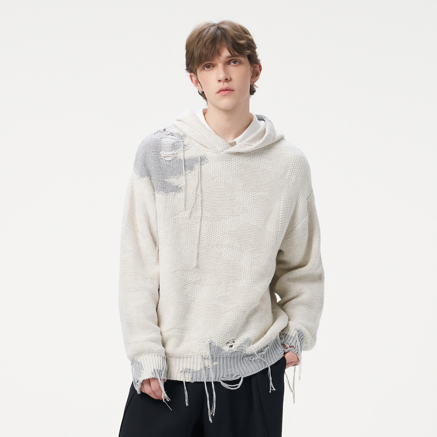 INXX明星同款 潮牌撞色拼接连帽针织衫流苏设计套头毛衣男女同款,淘宝优惠券,粉丝福利购,淘宝优惠卷