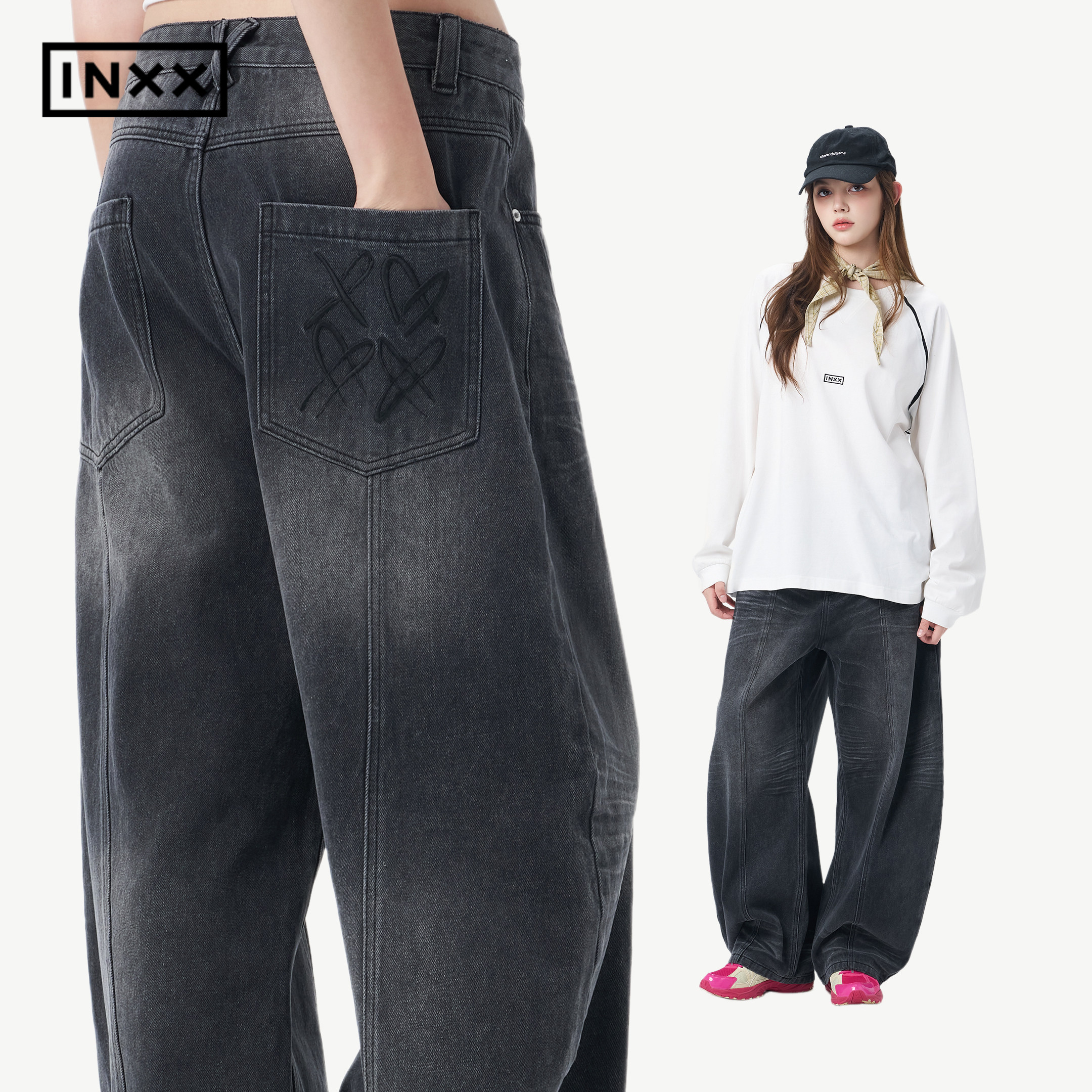 INXX复古潮流水波纹猫须牛仔长裤男美式街头暖黑色镰刀裤情侣,淘宝优惠券,粉丝福利购,淘宝优惠卷