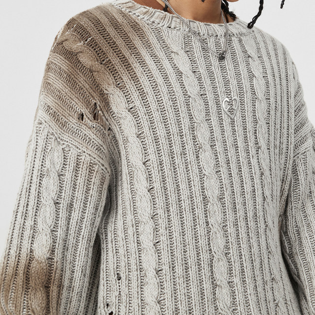 APYD retro ripped round neck rope sweater men's old spray color loose pullover knit sweater