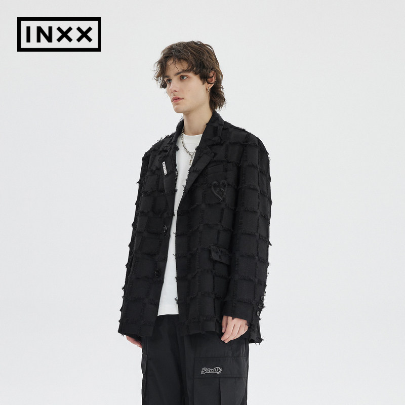 INXXAPYD 复古格纹西装外套男女同款黑色毛边提花休闲西服,淘宝优惠券,粉丝福利购,淘宝优惠卷