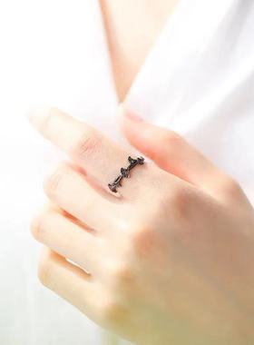 925纯银黑枝银杏叶开口戒时尚个性戒指冷淡风夏礼物女