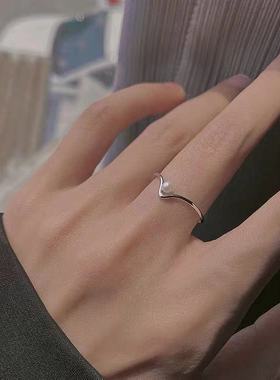 s925纯银v字珍珠戒指女高级简约小众设计食指指环细戒轻奢冷淡风