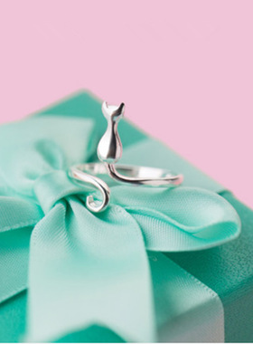 925银猫咪森系甜美风开口戒指