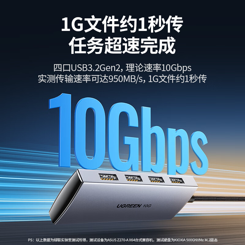 绿联15848/USB3.2/Gen2/HUB集线器4口一分四分线器1米编织线CM480 - 图0