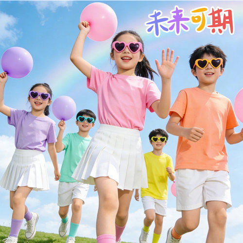 儿童彩色t恤班服短袖小学生毕业照糖果六一表演服幼儿园亲子套装 - 图1