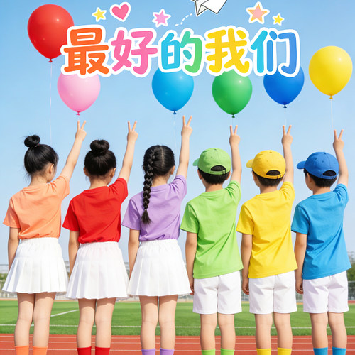 儿童彩色t恤班服短袖小学生毕业照糖果六一表演服幼儿园亲子套装 - 图3