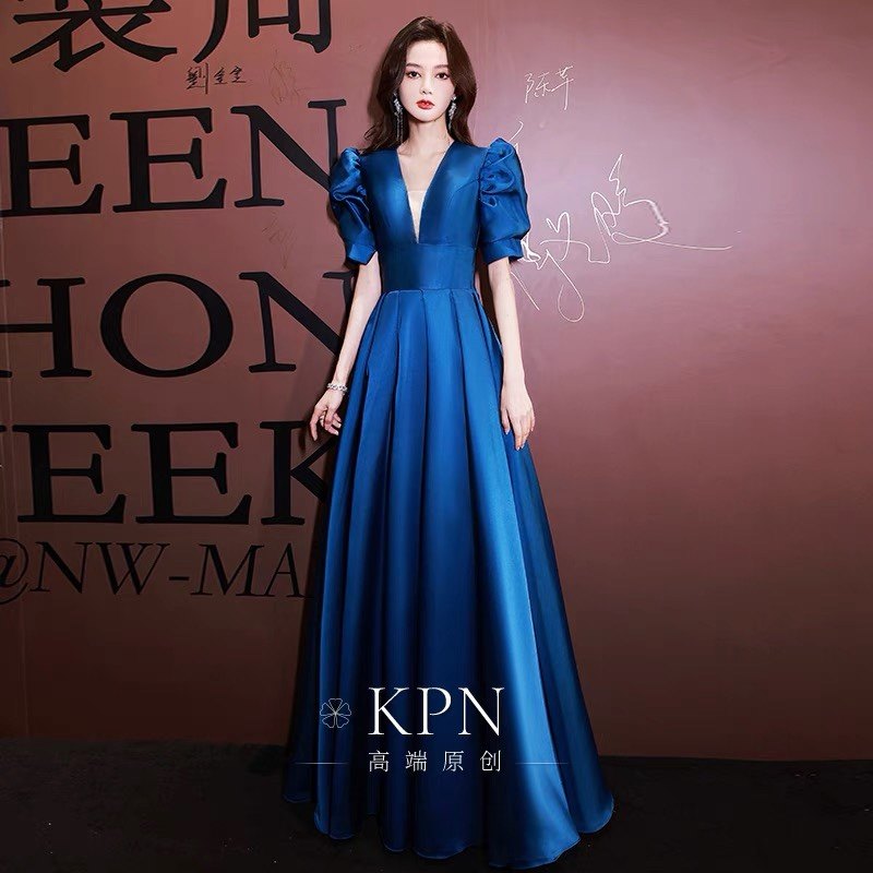 蓝色晚礼服裙宴会新款高级感合唱演出服小众高端法式女主持人艺考_虎窝淘
