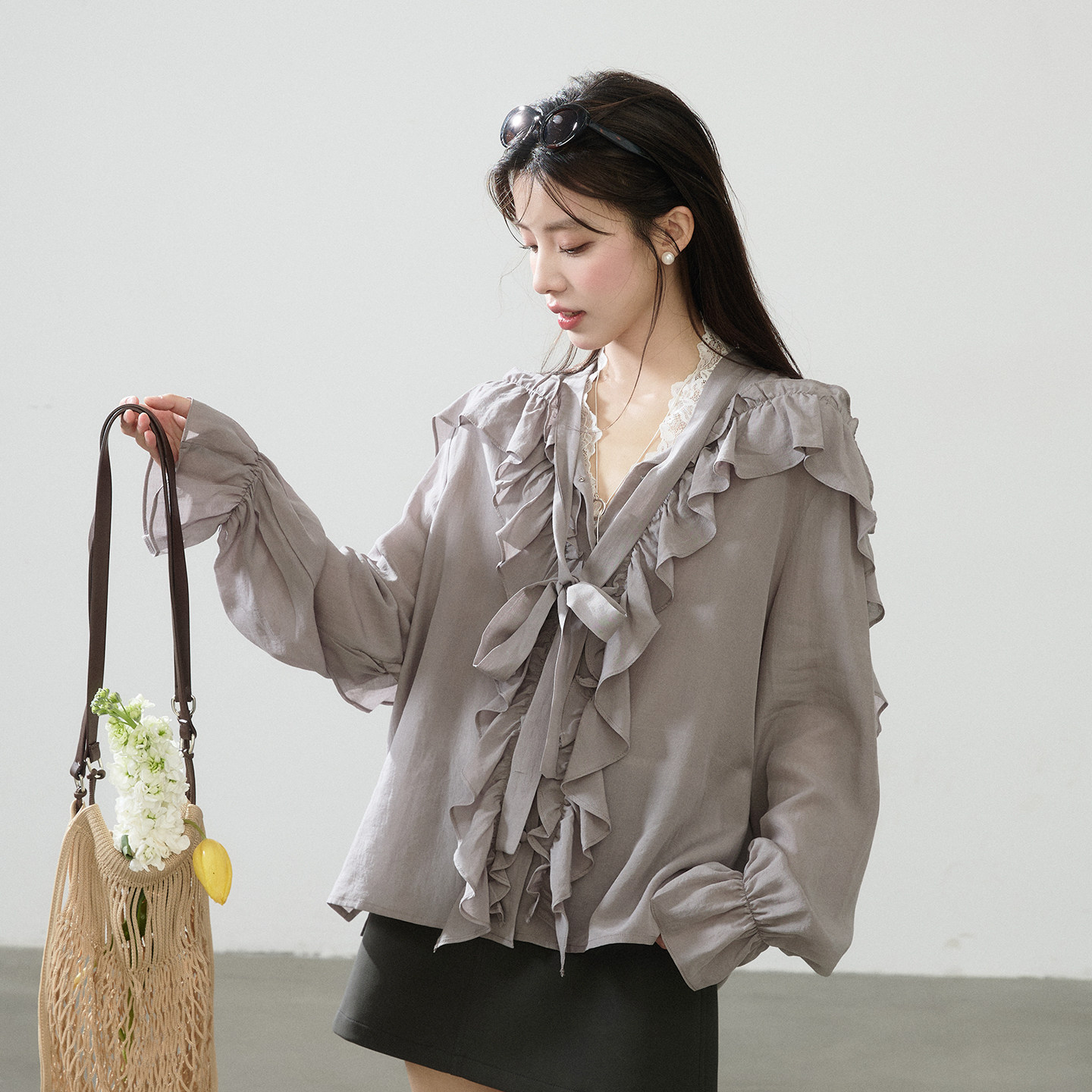 【春夏服饰大上新】猫酱紫 法式天丝亚麻衬衫女立体花边温柔上衣