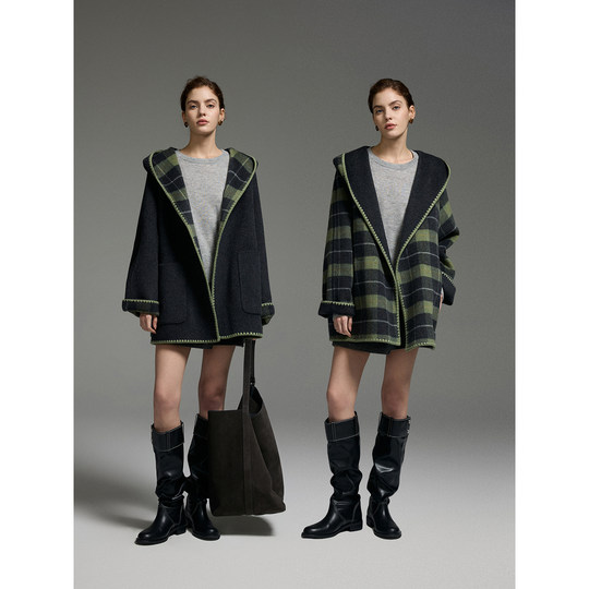 Abrigo de color contrastante estilo largo y corto morado Maojiang