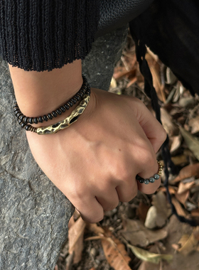 原创设计复古简约黑檀木珠手串男肌理铜中性木片手链个性百搭饰品