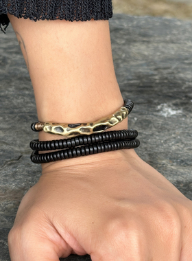 原创设计复古简约黑檀木珠多圈手串 肌理铜中性木片手链 个性饰品