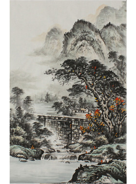 竖幅纯手绘国画山水画四尺三开水墨字画玄关客厅书房小尺寸挂画