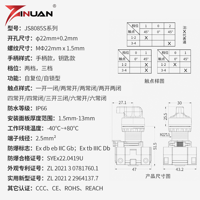 JS8085S防爆防尘防腐万能转换开关二档三档银点开闭两开孔22mm - 图3