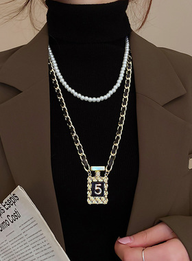 时尚双层瓶数字珍珠毛衣链镶钻