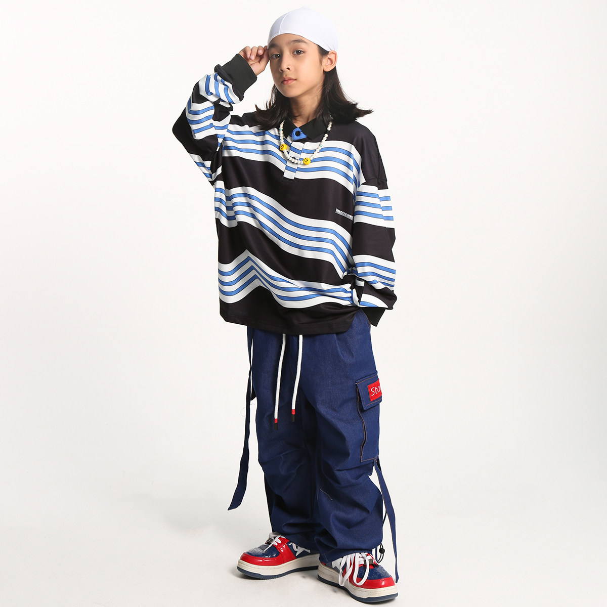 儿童街舞演出服秋冬嘻哈拼色polo衫牛仔裤套装街舞hiphop儿童潮服,淘宝优惠券,粉丝福利购,淘宝优惠卷
