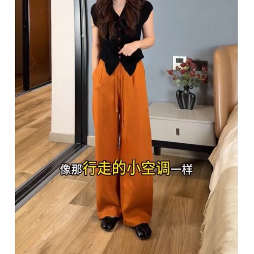 慵懒风天丝亚麻阔腿裤女2026夏季薄款系绳麻料高腰弯刀裤休闲长裤 - 图1
