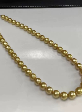 天然高品质浓茶金珍珠项链9-10mm近圆几乎无暇特强光送银扣