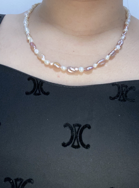 孤品异形天然淡水真珍珠原味极光白细水滴和极光紫花瓣融合女项链