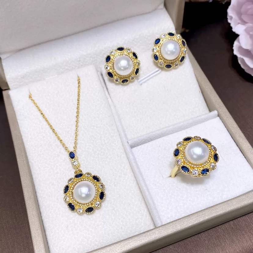 2025新款太阳花淡水珍珠套装吊坠女时尚珍珠戒指耳钉8mm珍珠饰品,淘宝优惠券,粉丝福利购,淘宝优惠卷