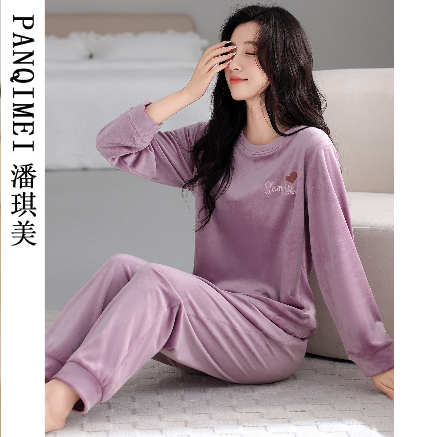 海岛绒睡衣女秋冬季套头薄绒可外穿加绒运动中年春秋珊瑚绒家居服 - 图2