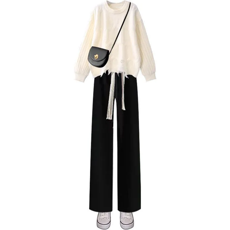秋季穿搭女中童2025新款盐系校园风碎边针织毛衣阔腿裤两件套潮 - 图3