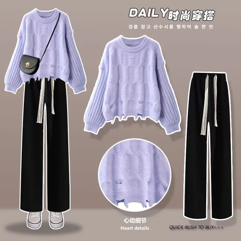 秋季穿搭女中童2025新款盐系校园风碎边针织毛衣阔腿裤两件套潮 - 图1