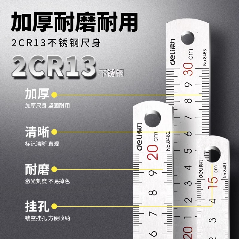 得力金属直尺不锈钢学生用15cm绘图尺工程制图画画20cm测量学习用品考试三角尺三角板圆规透明30cm铝合金文具 - 图3