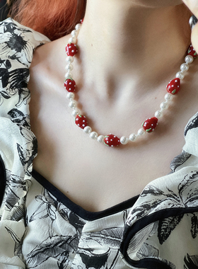 原创手作珍珠草莓串珠项链
