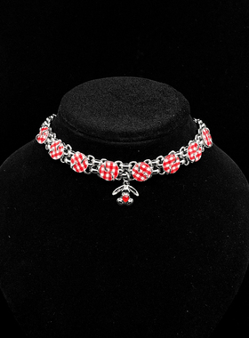 原创红色格纹小兔纽扣choker颈链