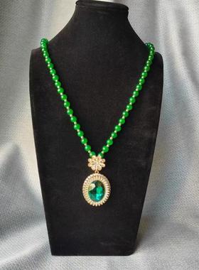 新中式绿色串珠圆珠蛇毛衣链长款挂脖子项链女衣服配饰挂件本命年