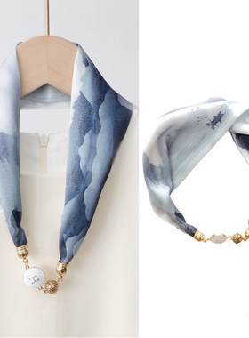 刘亦菲同款珍珠磁扣长条项链小丝巾女春秋衬衫装饰领巾毛衣链配饰