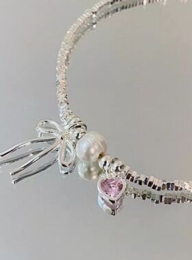 复古气质珍珠粉铜链蝴蝶结项链女气质礼物Diana粉