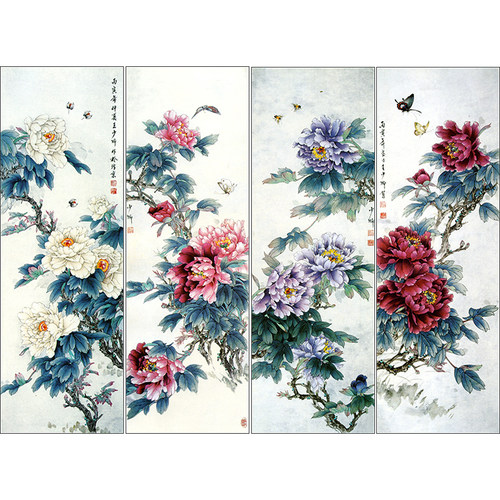 工笔画牡丹鲤鱼临摹画稿白描底稿国画花鸟画四条屏线描素材打印稿 - 图3