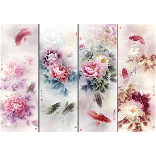 工笔画牡丹鲤鱼临摹画稿白描底稿国画花鸟画四条屏线描素材打印稿 - 图1