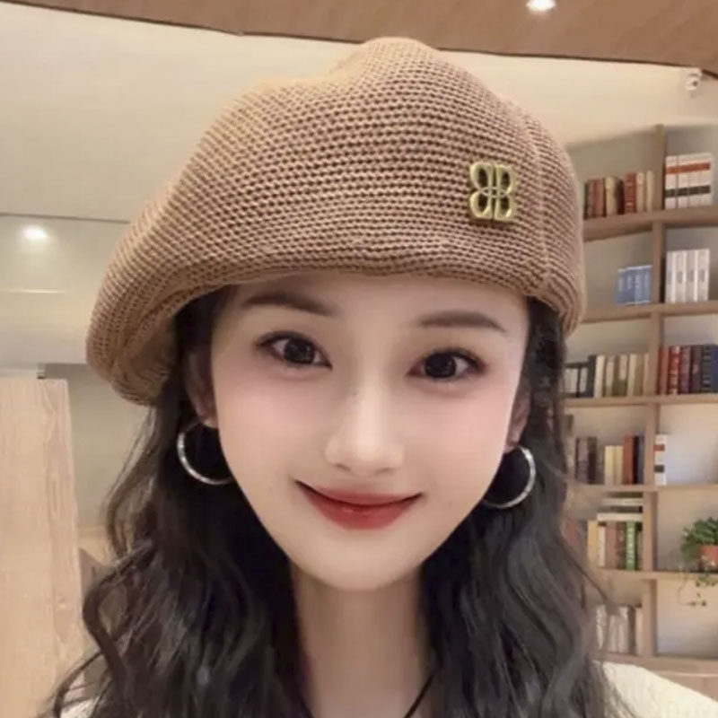 甜酷时尚百搭针织贝雷帽女日系复古定型画家帽显脸小纯色报童帽潮