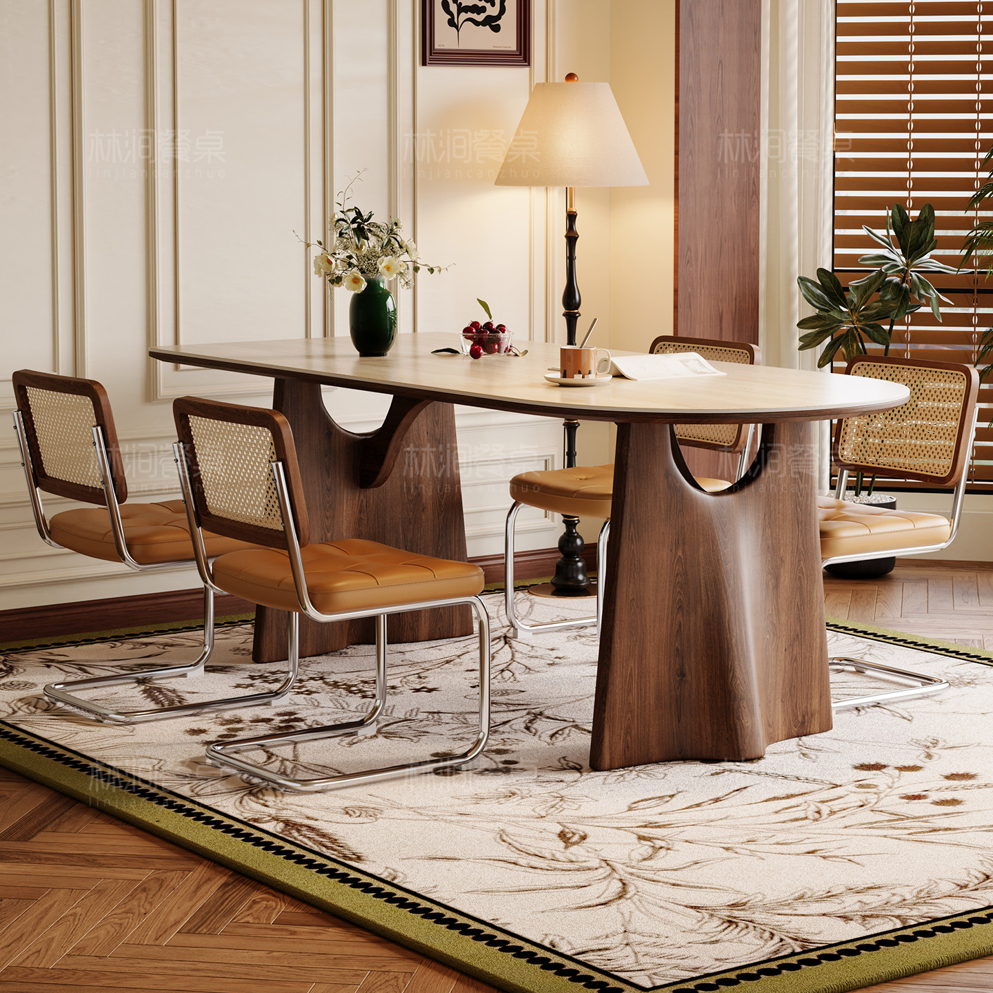 中古风美式洞石岩板餐桌椅半圆岛台家用小户型2025新款长方形桌,淘宝优惠券,粉丝福利购,淘宝优惠卷