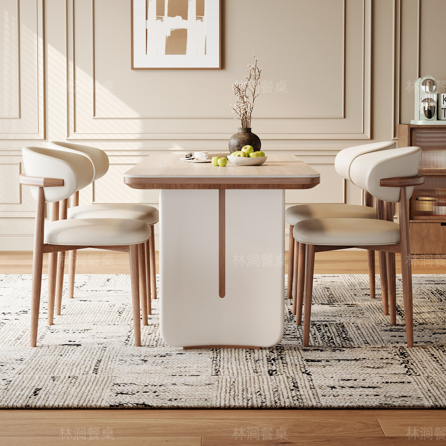 法式中古风实木岩板餐桌椅2025新款洞石家用小户型美式复古奶油系,淘宝优惠券,粉丝福利购,淘宝优惠卷