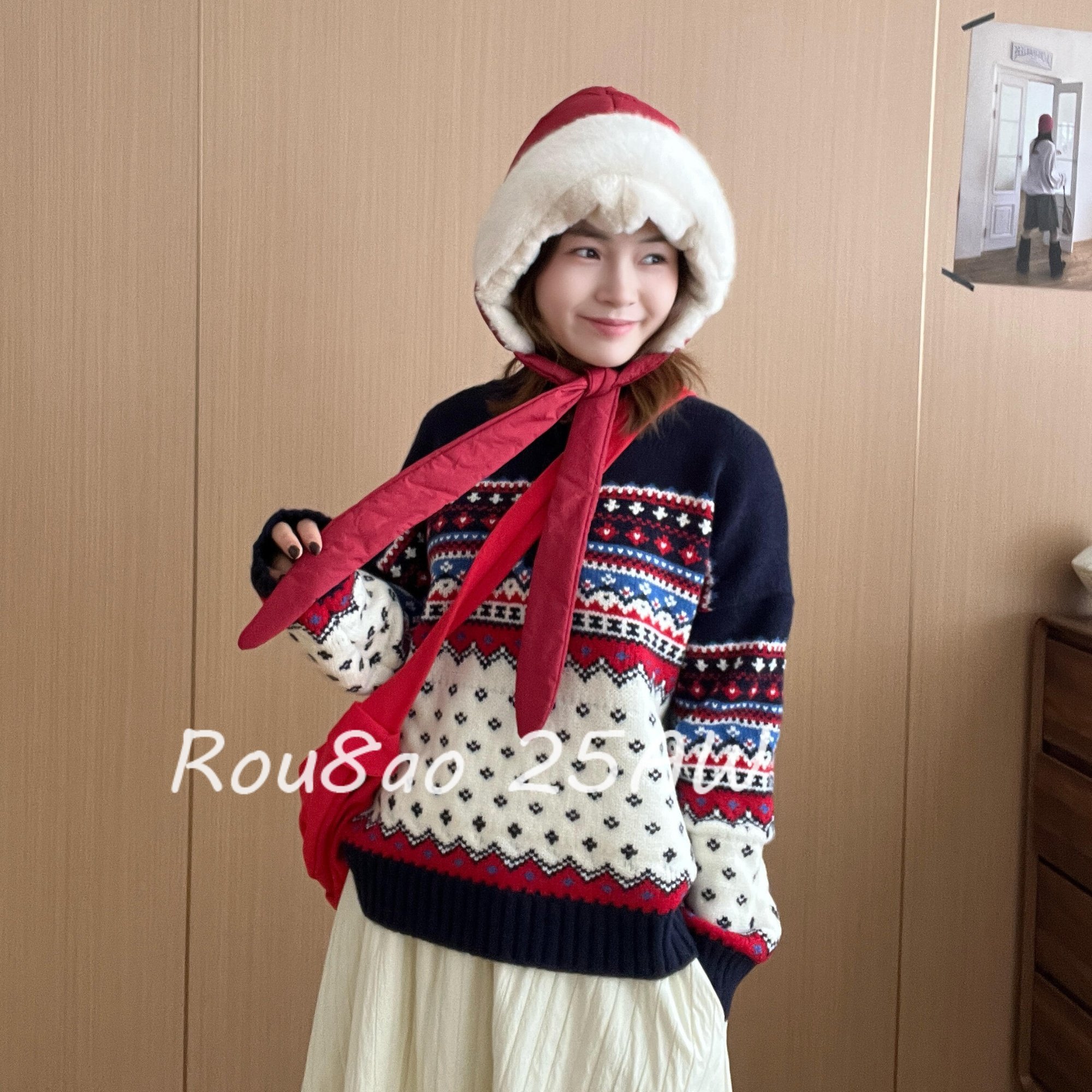 Rou8ao微胖大码女装韩版复古提花半开领宽松毛衣白色半身裙两件套,淘宝优惠券,粉丝福利购,淘宝优惠卷