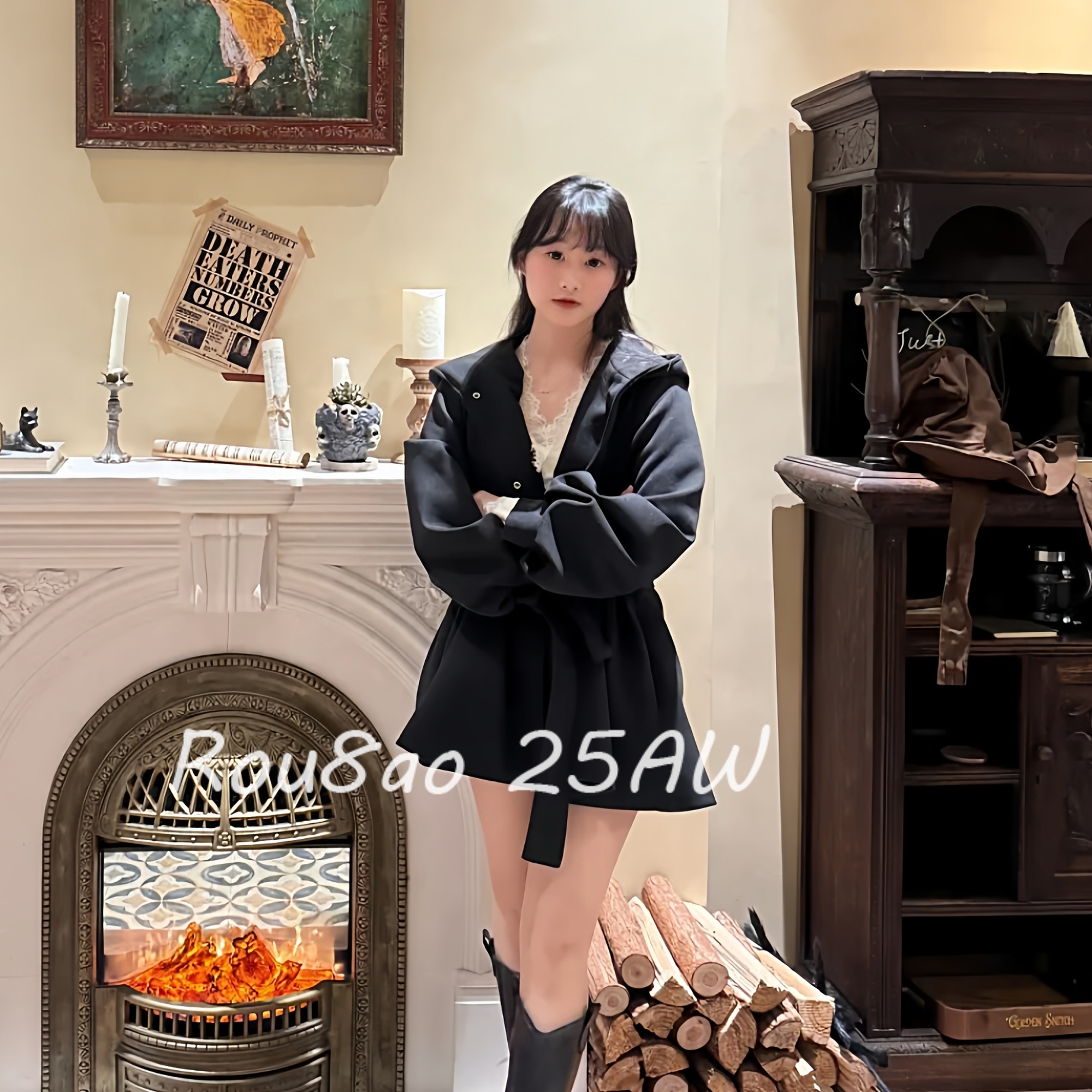 Rou8ao微胖大码女装韩版翻领连帽灯笼袖毛呢外套气质腰带显瘦大衣 - 图2