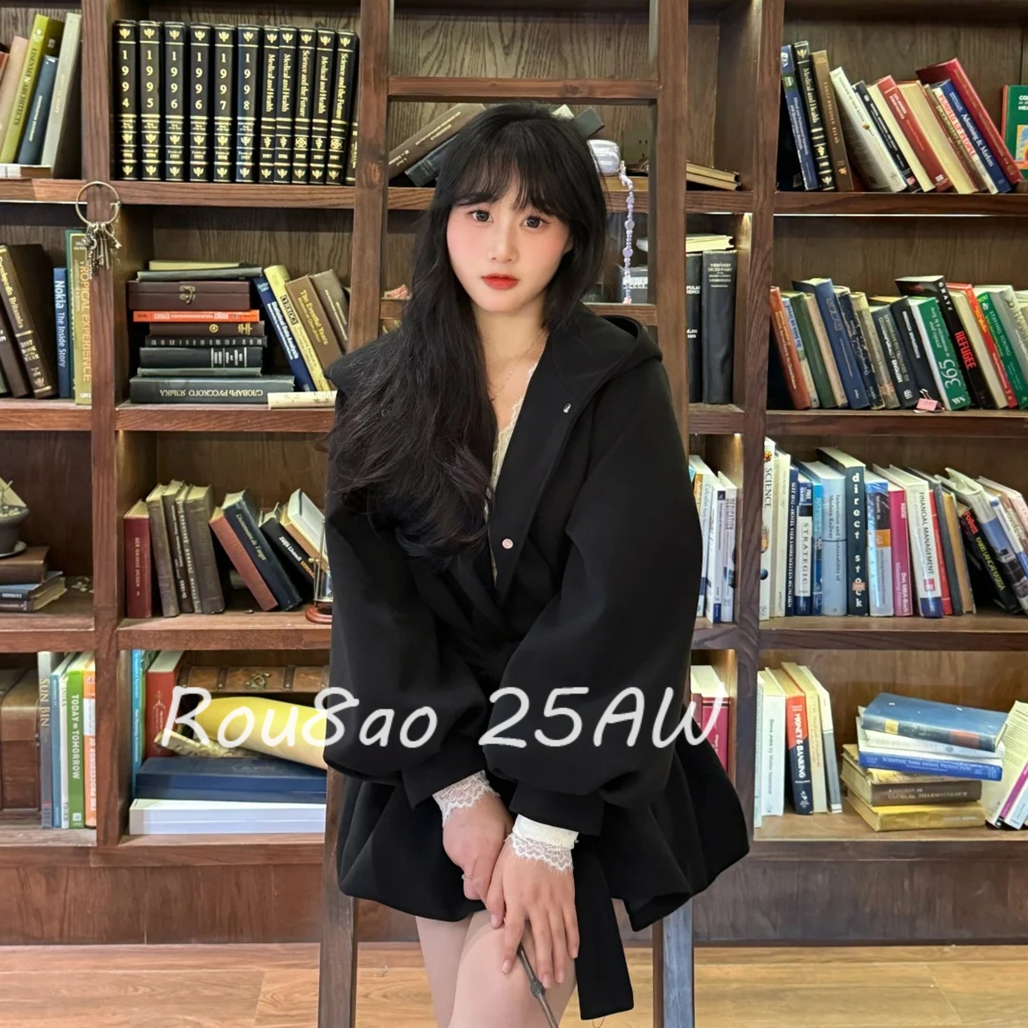 Rou8ao微胖大码女装韩版翻领连帽灯笼袖毛呢外套气质腰带显瘦大衣 - 图1