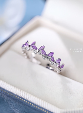 S925纯银灵动彩蝶缤纷戒指女款紫蝶开口戒小众设计森系轻奢风