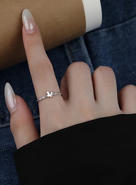 S999纯银简约锆石蝴蝶戒指女款细圈麻花微镶韩系ins冷淡风食指戒
