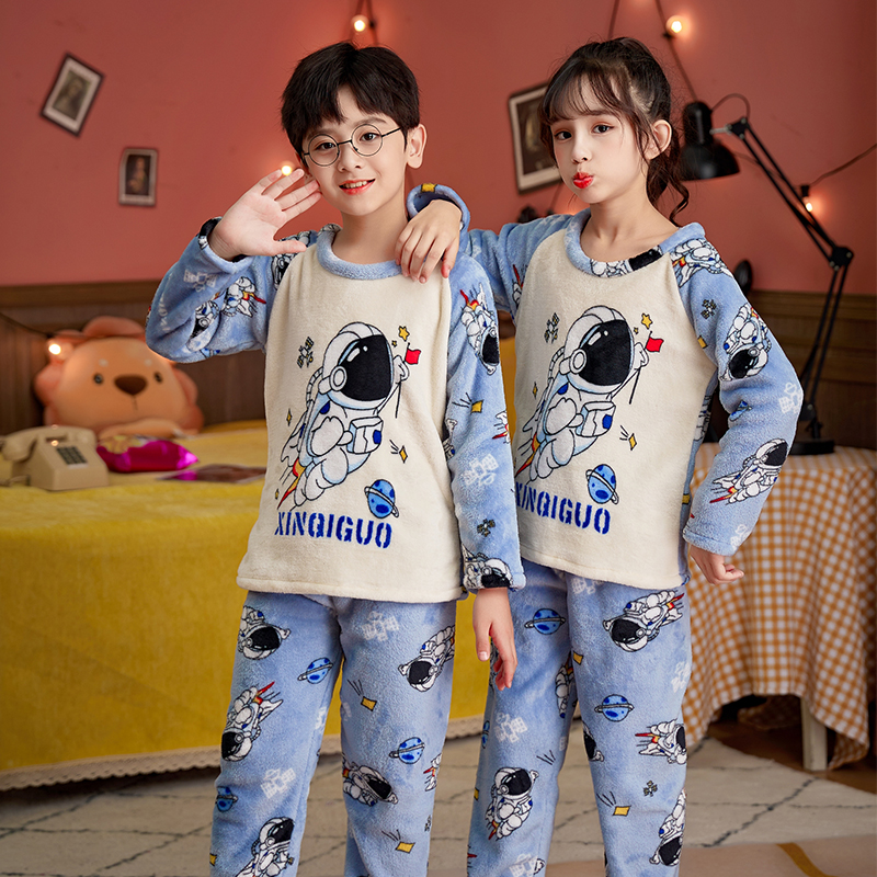儿童加厚秋冬季珊瑚绒睡衣男童女童装法兰绒小中大宝宝家居服套装 - 图0
