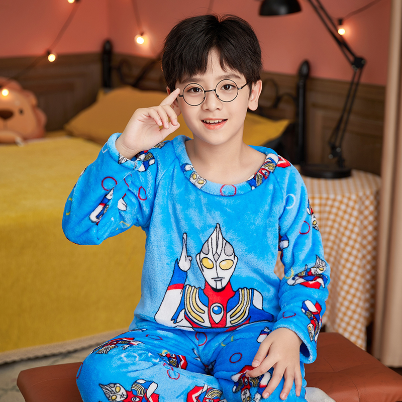 儿童加厚秋冬季珊瑚绒睡衣男童女童装法兰绒小中大宝宝家居服套装 - 图1