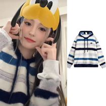 SNH48 Wang Yitongs retro style Lazy Breeze Fur Coat Autumn Winter Style Collision Color Striped 100 lap hat-knit cardiovert blouse